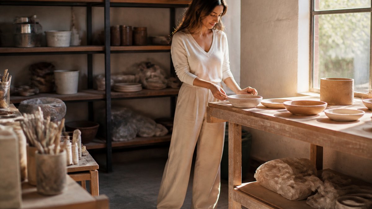 Woman wearing a comfortable capsule wardrobe outfit with wide-leg pants, long-sleeve V-neck top, and neutral sneakers, styled for a casual workday with natural lighting
