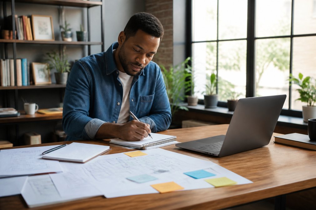 Entrepreneur working at a desk with a laptop, business canvas sketches, and notepad visible, natural lighting from a window