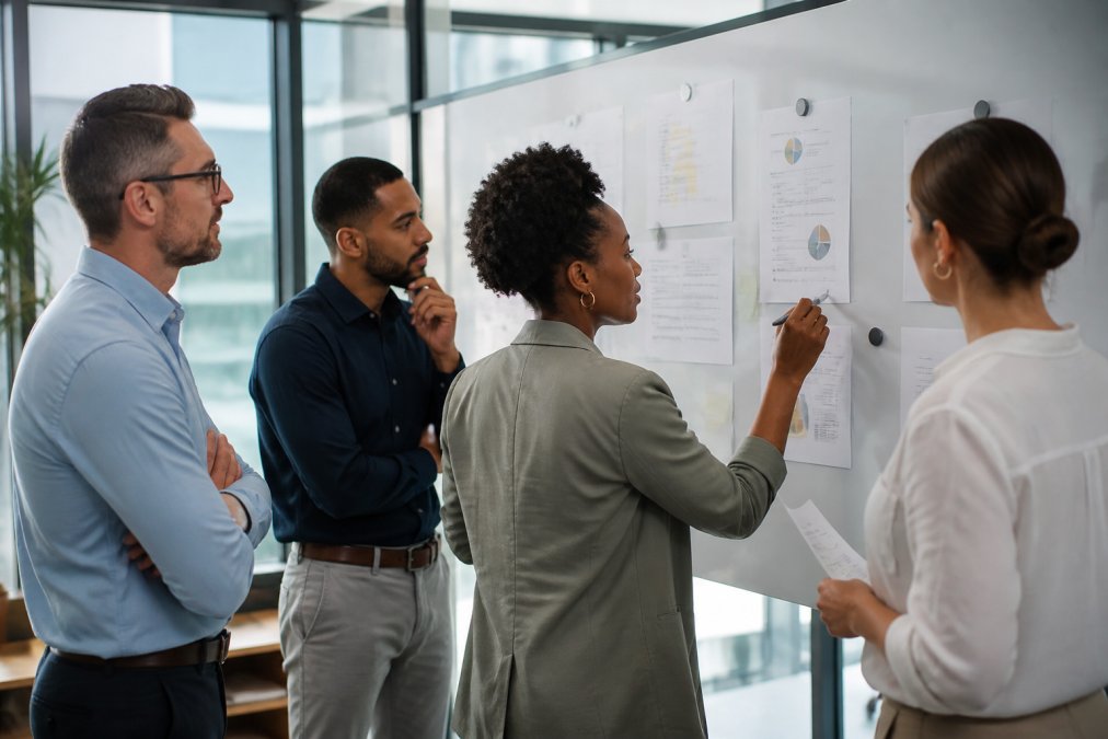Team of business professionals reviewing strategy documents and metrics on a whiteboard in a modern office setting
