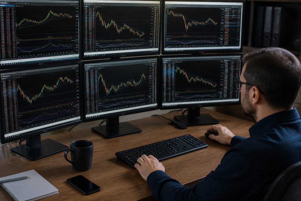 Professional trader at desk monitoring multiple MT5 platform windows displaying different currency pairs with various timeframes and real-time price charts, candlestick patterns visible on multiple screens