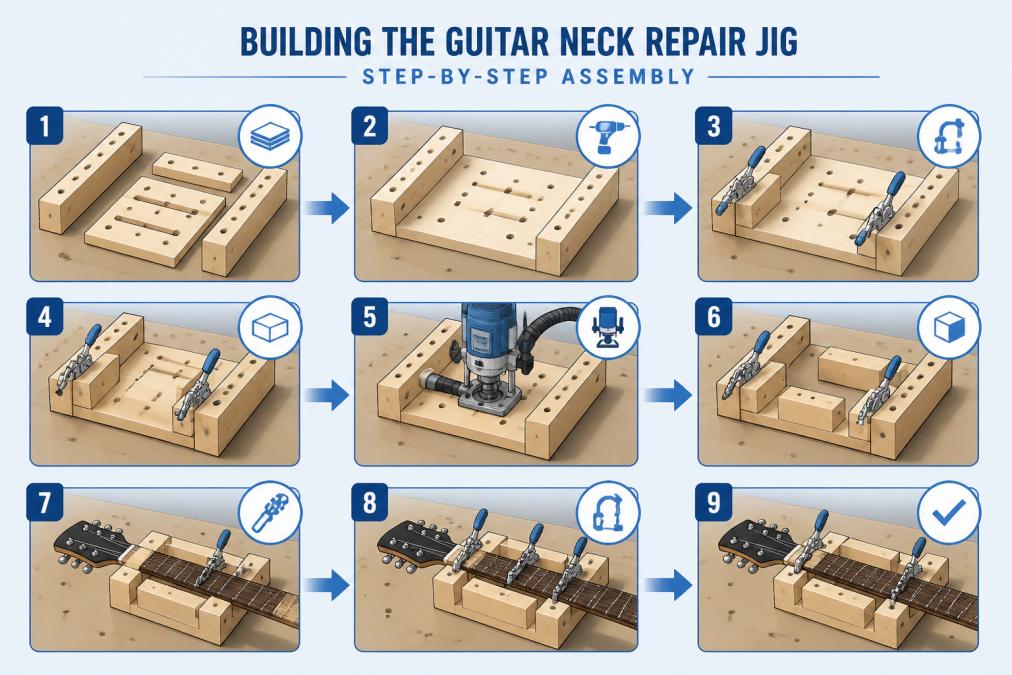 Process diagram showing steps for guitar neck repair jig