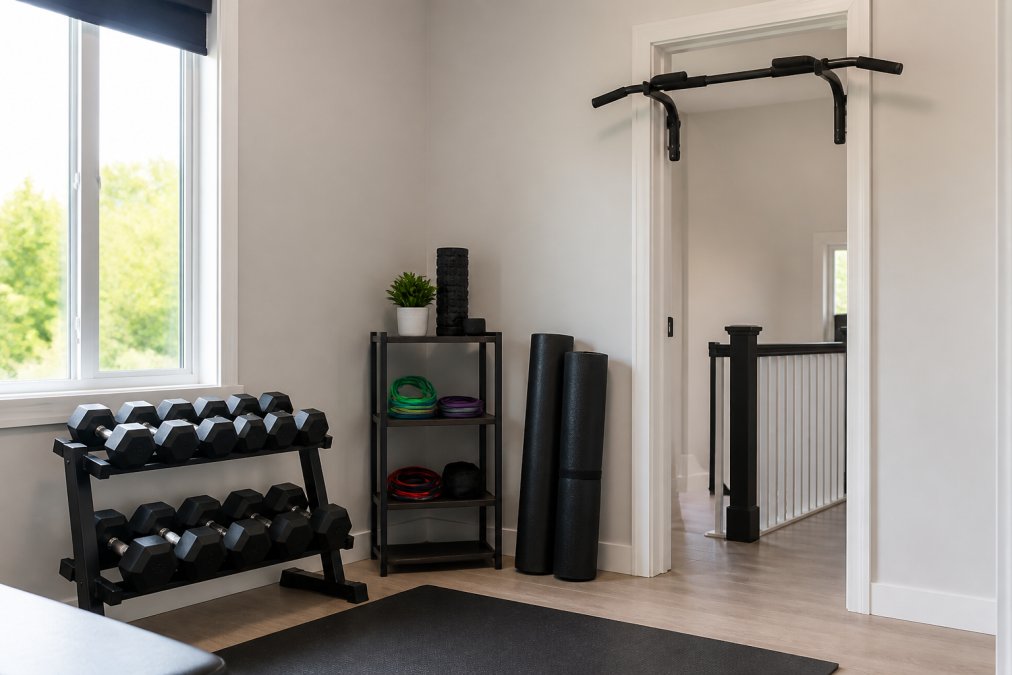 Compact home gym corner displaying adjustable dumbbells on a rack, resistance bands coiled on a shelf, a pull-up bar mounted in a doorway frame, and rolled rubber flooring mats stacked against the wall with natural window lighting