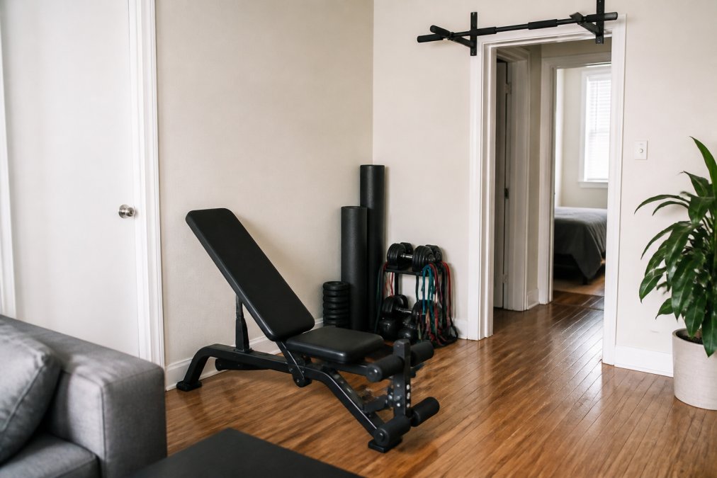 Small apartment living room with a foldable weight bench positioned against one wall, collapsible resistance equipment stacked neatly in a corner, a pull-up bar installed above a doorway frame, and rolled rubber mats stored vertically beside the bench with soft apartment lighting