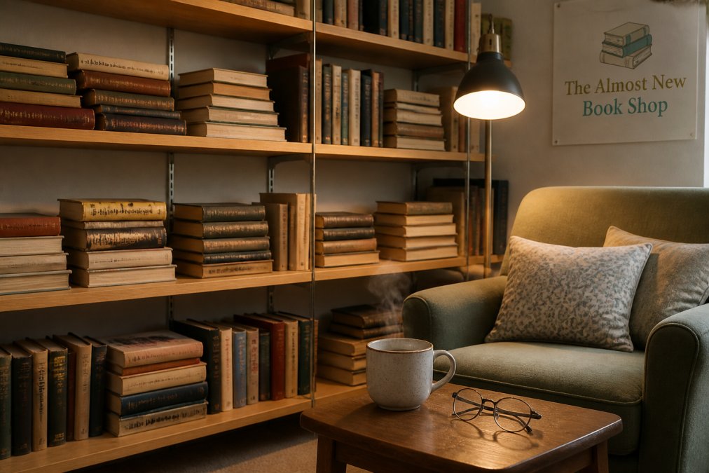 Cosy reading nook with stacked pre-loved books on adjustable wooden shelves, soft warm lighting from a desk lamp, an upholstered armchair with patterned cushions, and a small wooden side table holding a steaming cup of tea and reading glasses