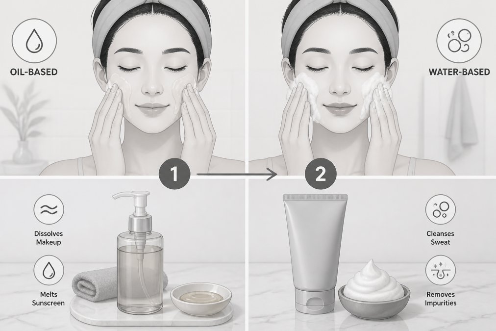 Close-up of hands gently massaging face with a soft cleanser, showing double cleansing with an oil-based and water-based product side by side on a marble bathroom counter