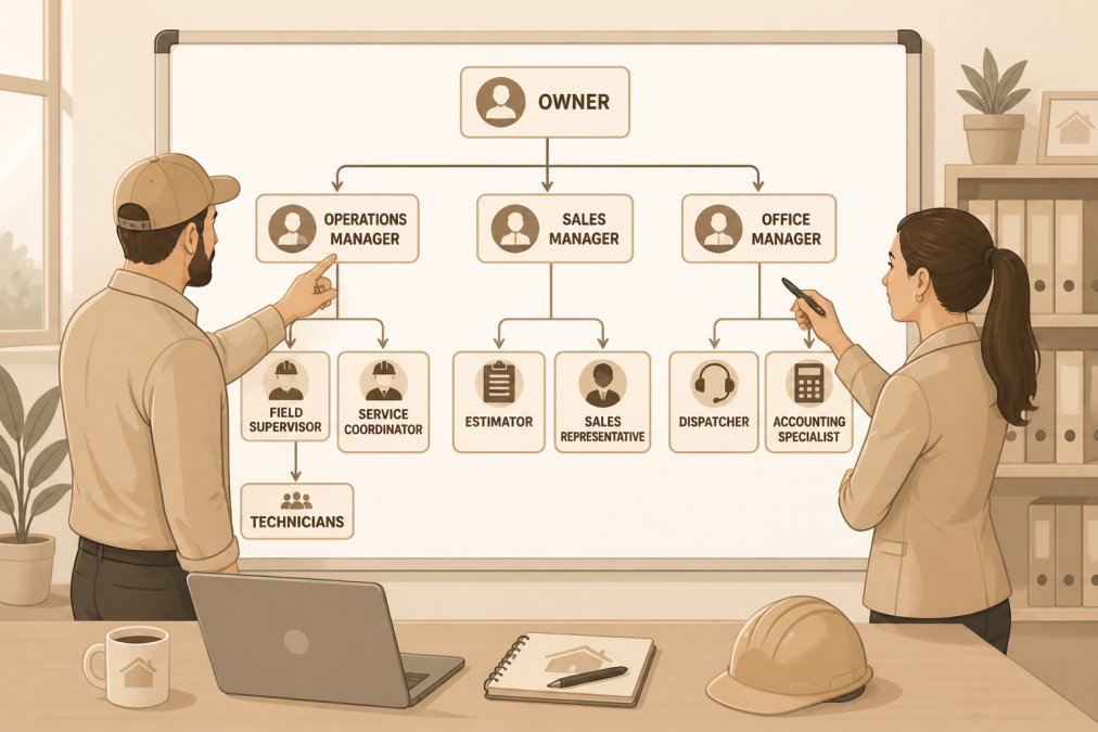Home services business owner and team leads reviewing organizational chart on whiteboard in office, pointing at roles and reporting lines