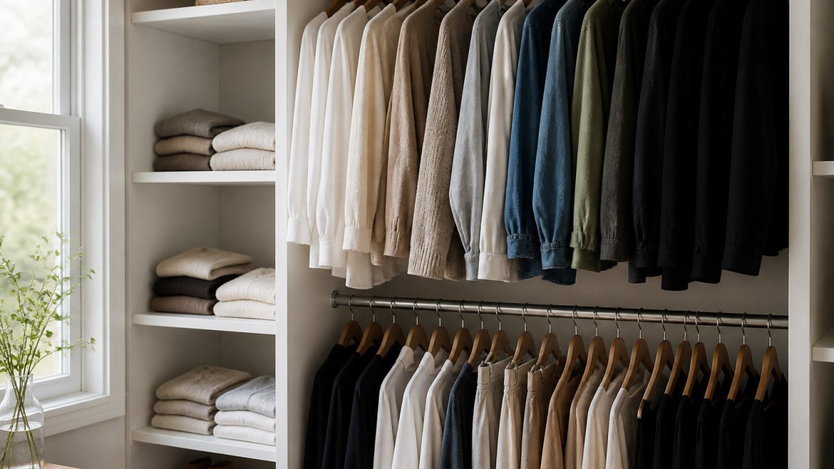 Neatly organized closet displaying a curated collection of neutral-colored clothing items including basics, layering pieces, and versatile outfits arranged on hangers with soft natural lighting