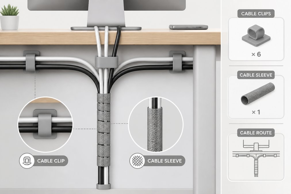 Close-up of organized cables behind a minimalist desk using cable sleeves and clips, showing neatly bundled white and black cords with minimal visible wiring and a clean wooden desk surface