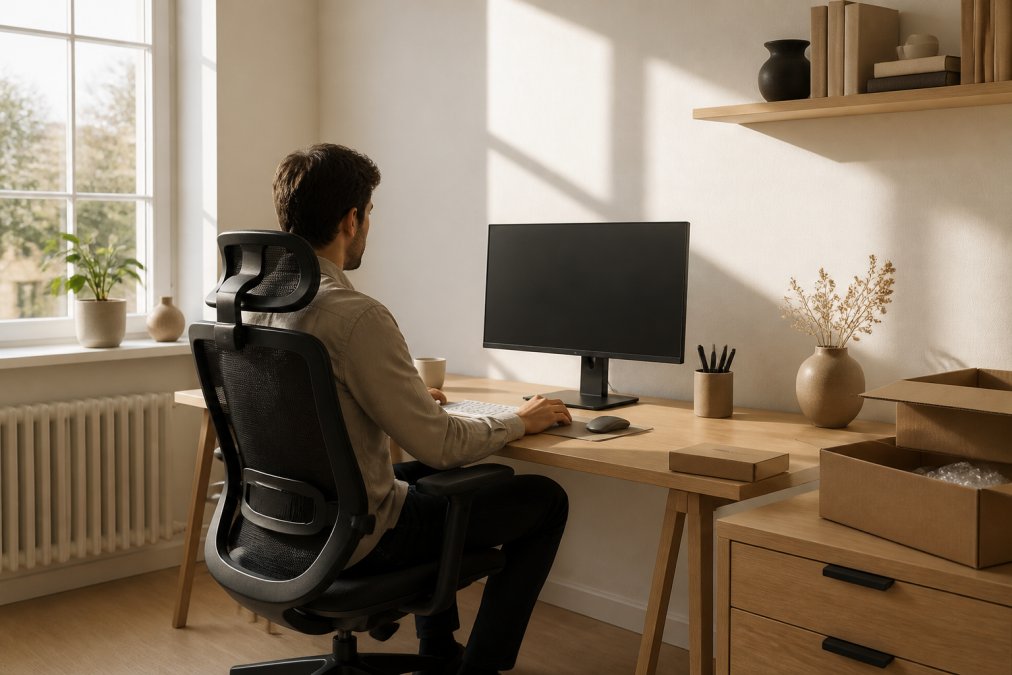 Professional working at a minimalist wooden desk with ergonomic chair, natural window light streaming across the clean surface, single monitor, and warm neutral tones creating a calm, focused environment