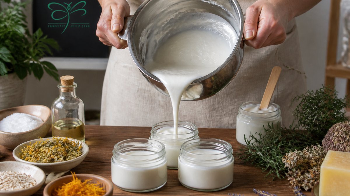 Hands carefully pouring finished hand cream from a double boiler into glass jars arranged on a wooden surface with fresh botanicals and ingredient containers nearby