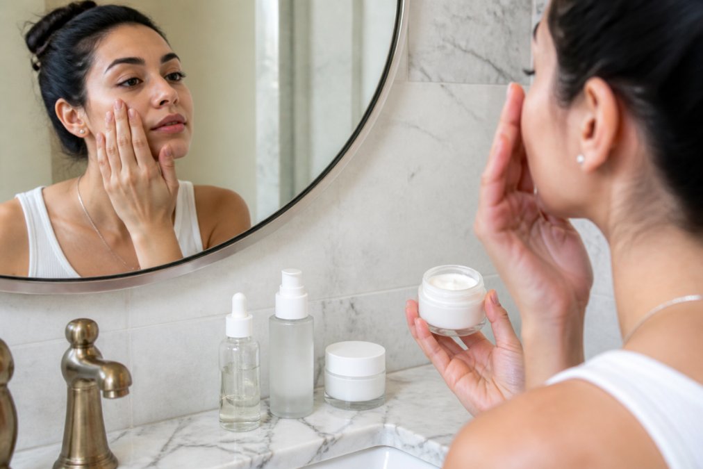 Close-up of a person's hand applying lightweight serum to their face, followed by a thicker moisturizer, showing the layering sequence with skincare bottles arranged on a marble bathroom counter