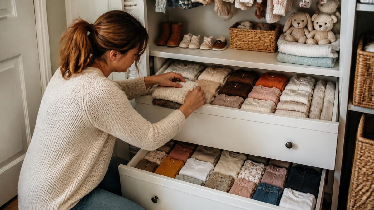 Step-by-step infographic showing how to organize baby clothing by category and color for a sustainable closet.