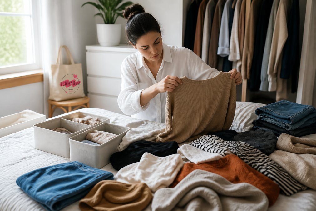 Person organizing and sorting through clothing items on a bed, carefully examining and folding garments while assessing wardrobe pieces with natural window lighting