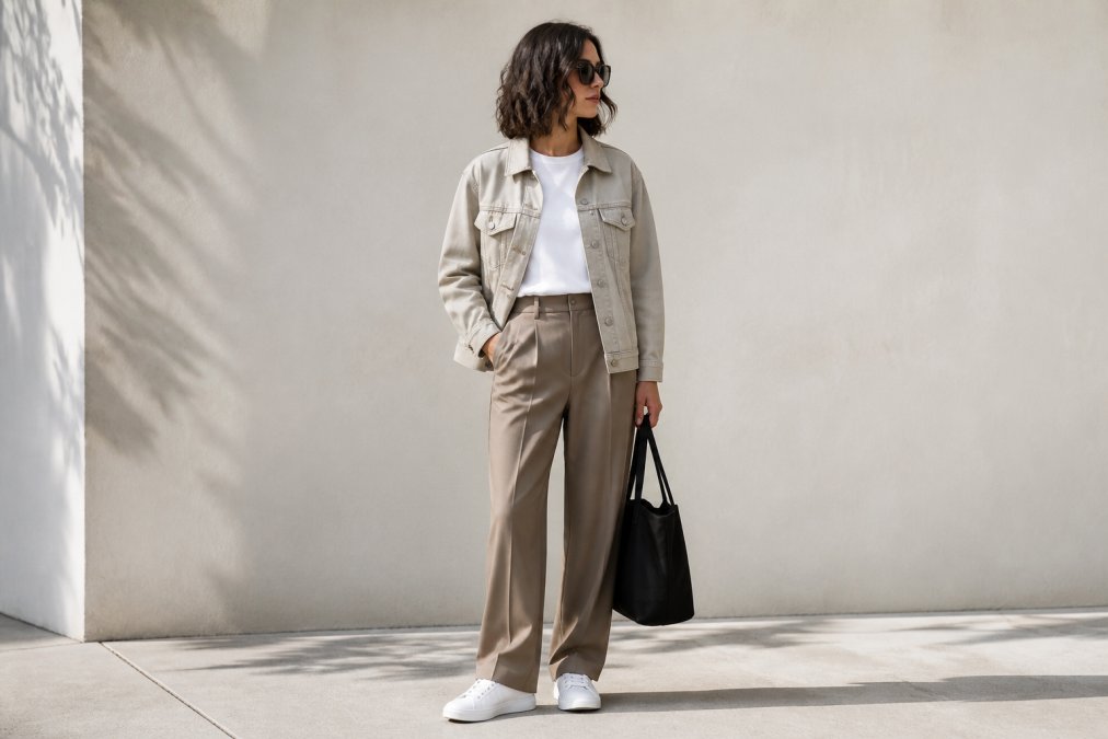 Person wearing a graphic tee styled with a neutral-colored denim jacket, tailored trousers, and white sneakers, standing in natural light against a neutral background