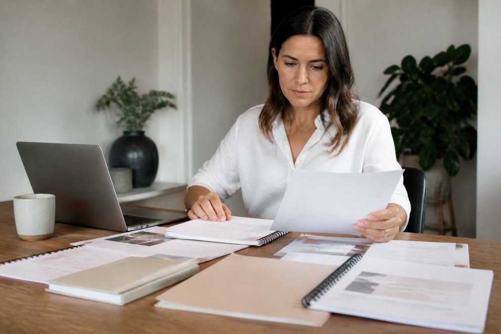 Professional coach working at desk with laptop, reviewing structured programme templates and client workbooks, organised workspace with planning documents and coaching frameworks visible