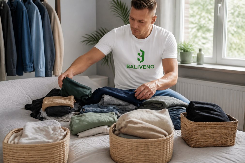Person methodically sorting through clothing items on a bed, organizing garments into distinct piles for keep, donate, and discard, with natural daylight streaming through a window