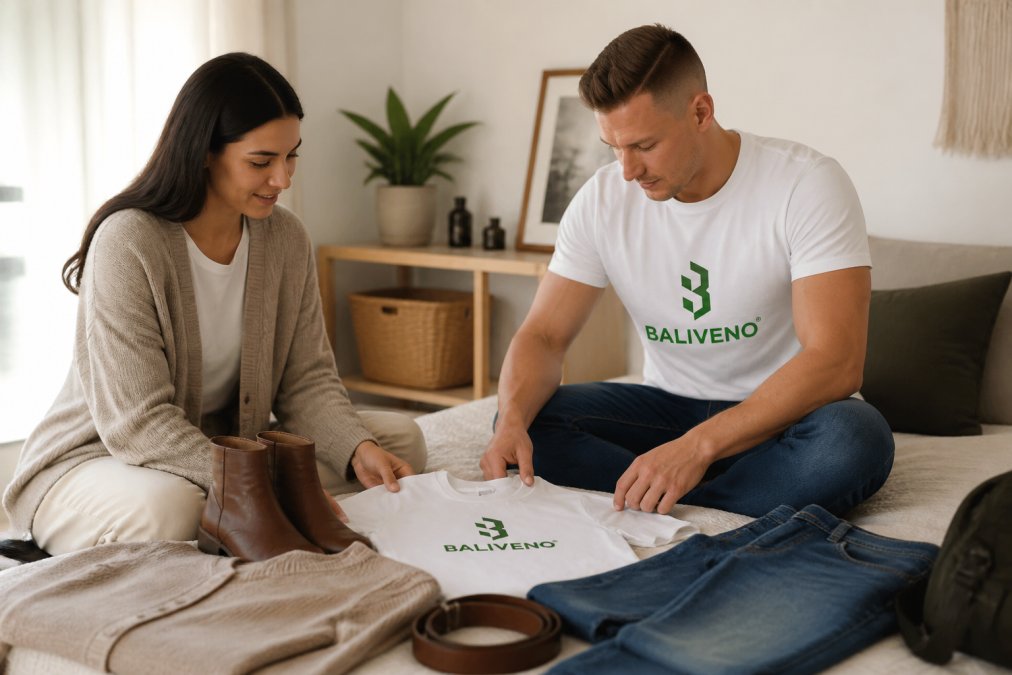 Flat lay arrangement of essential minimalist wardrobe pieces including organic cotton t-shirt, neutral cardigan, quality denim jeans, and simple leather accessories arranged on a clean white background with soft natural lighting