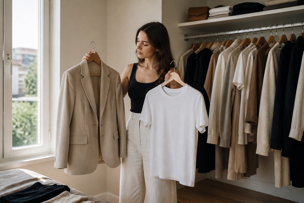 Woman reviewing clothing items in her closet, holding up a neutral blazer and white tee, natural daylight streaming through window, hangers with coordinated basics visible in background