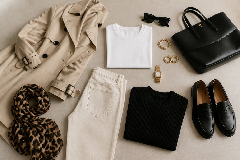 Flat lay of coordinated wardrobe pieces including neutral basics, transitional jacket, and statement accessories arranged together on neutral background, showing how pieces work in combination