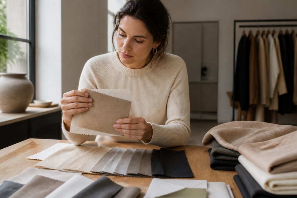 Woman in neutral-toned outfit examining fabric swatches in natural daylight near a window, studying color harmony against her skin tone