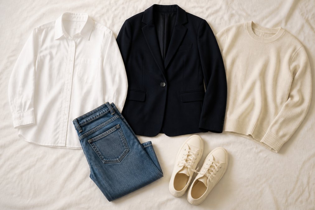 Flat lay arrangement of essential capsule wardrobe basics artfully displayed on a light background: crisp white button-down shirt, tailored navy blazer, straight-leg jeans, cream-colored sweater, and neutral canvas sneakers, showing cohesive color harmony