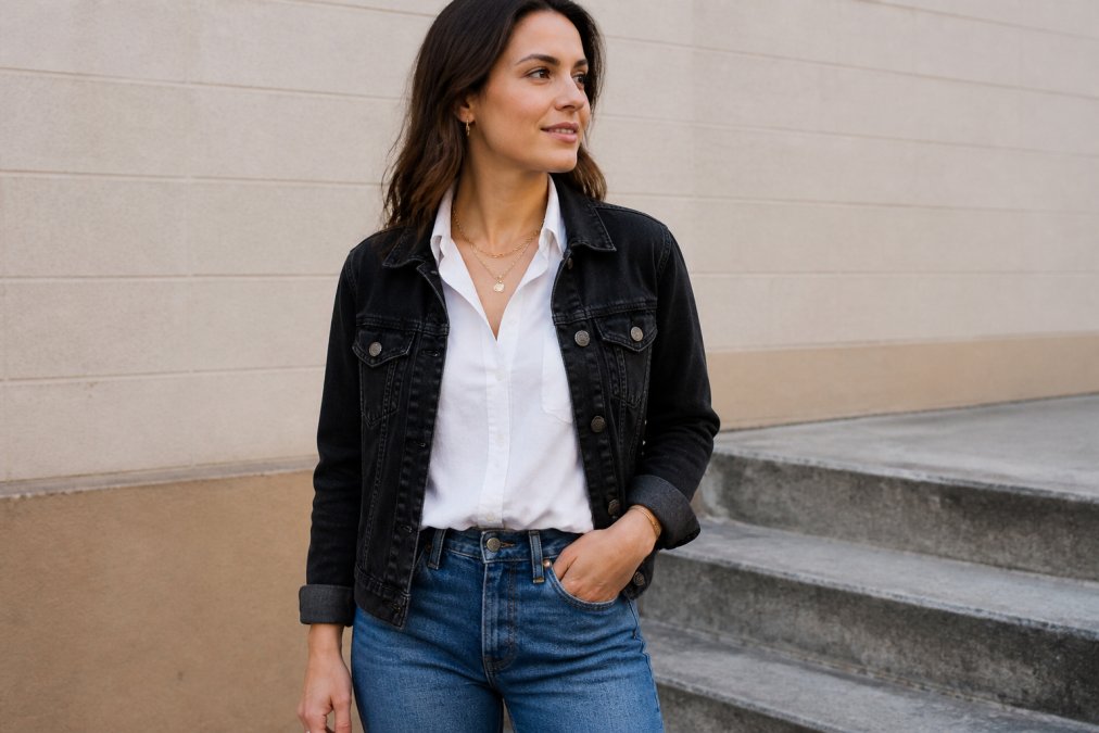 Woman styled in neutral-toned basics wearing fitted jeans, a classic white button-up shirt, a black denim jacket, and simple gold accessories, demonstrating how foundational pieces mix and match effortlessly in natural daylight