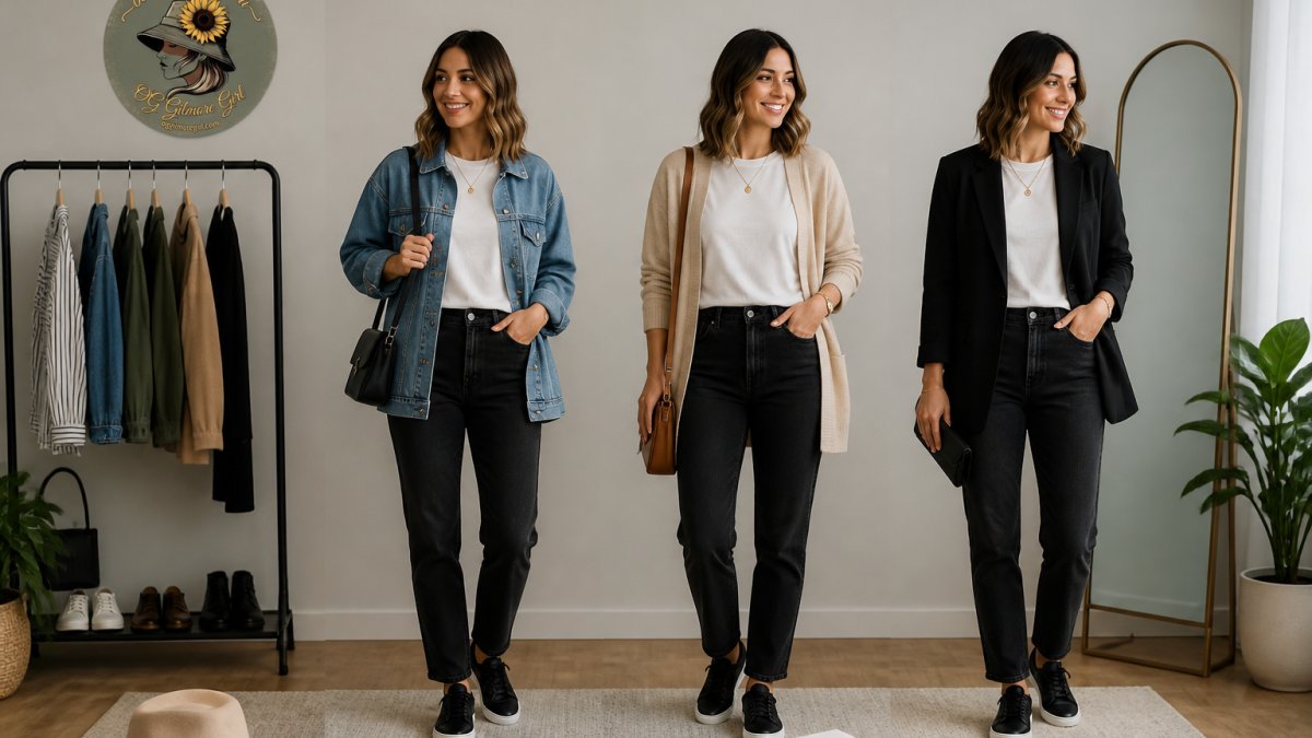 Woman styling three different outfits using classic black jeans, white crew neck tee, and black sneakers paired with different layering pieces, accessories, and a blazer on a neutral background