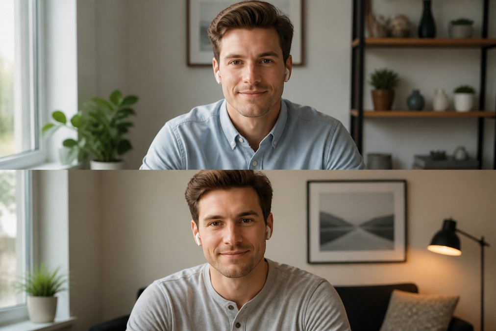 Man wearing a soft button-up shirt and henley during a video call, shown from chest up with excellent natural lighting from a window, professional yet relaxed appearance with subtle smile