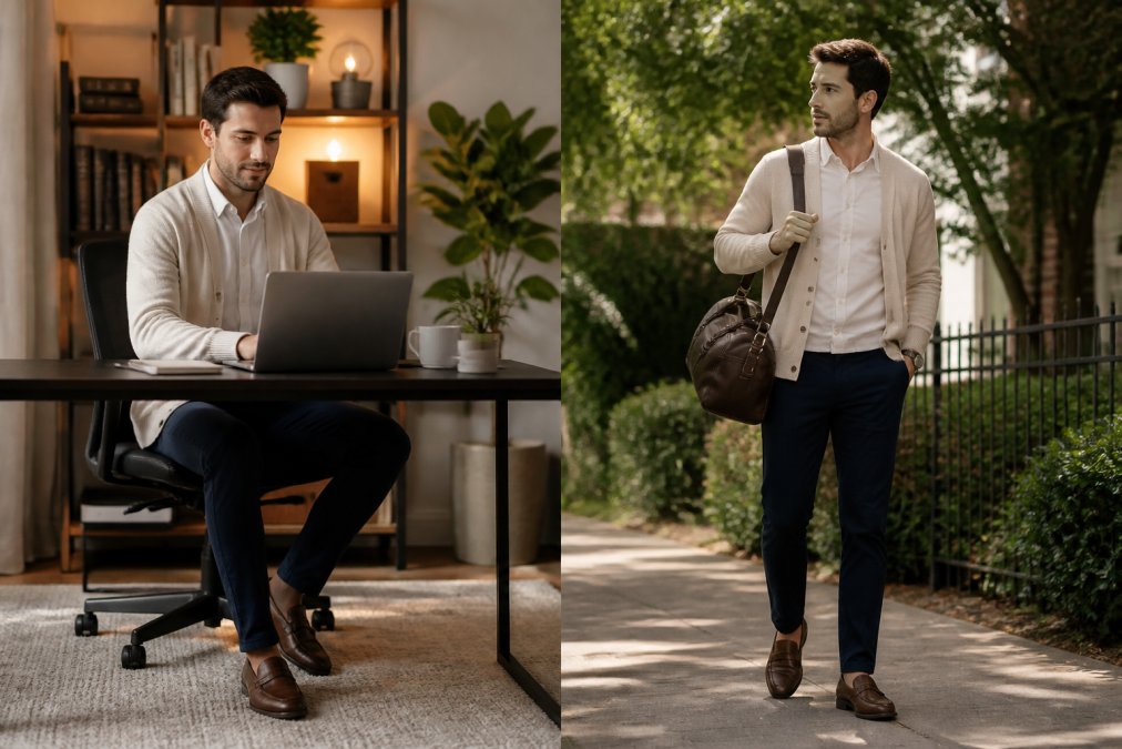 Man styled in layered outfit with cream cardigan and brown leather loafers, transitioning from seated at a home office desk to standing ready to go out, showing both contexts with natural home lighting and casual outdoor setting