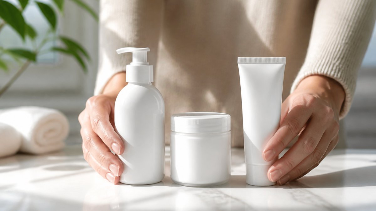 Hands holding three essential skincare bottles (cleanser, moisturizer, sunscreen) arranged neatly on a white surface with soft natural lighting