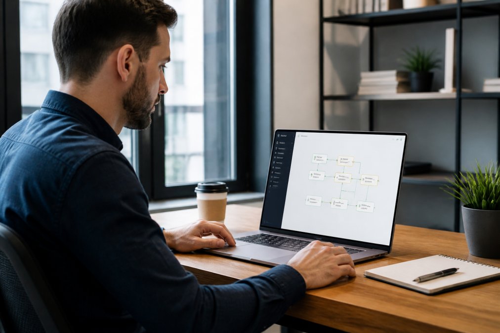 Business owner sitting at desk with laptop showing a visual builder interface with intent blocks and conversation flows displayed on screen, focused expression, modern office setting with natural window lighting