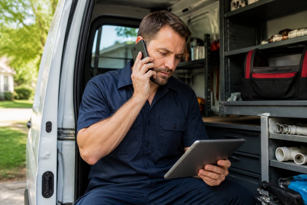 Plumbing technician in uniform holding tablet while taking a call in modern service van interior, looking at scheduling information on screen, natural daylight through windows