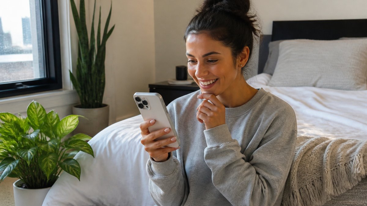 Woman checking smartphone notifications and comments on her Instagram repost page, smiling at positive engagement and new followers