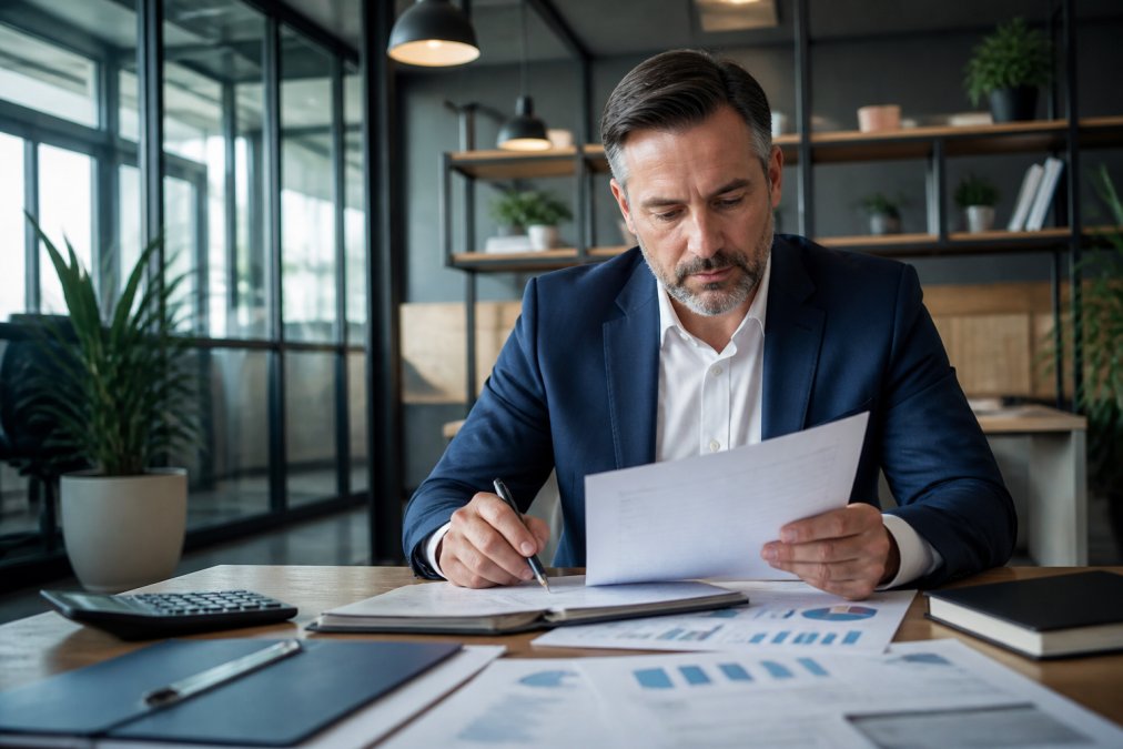 Professional reviewing business credit card options on a laptop in a modern office setting with financial documents and calculator on desk