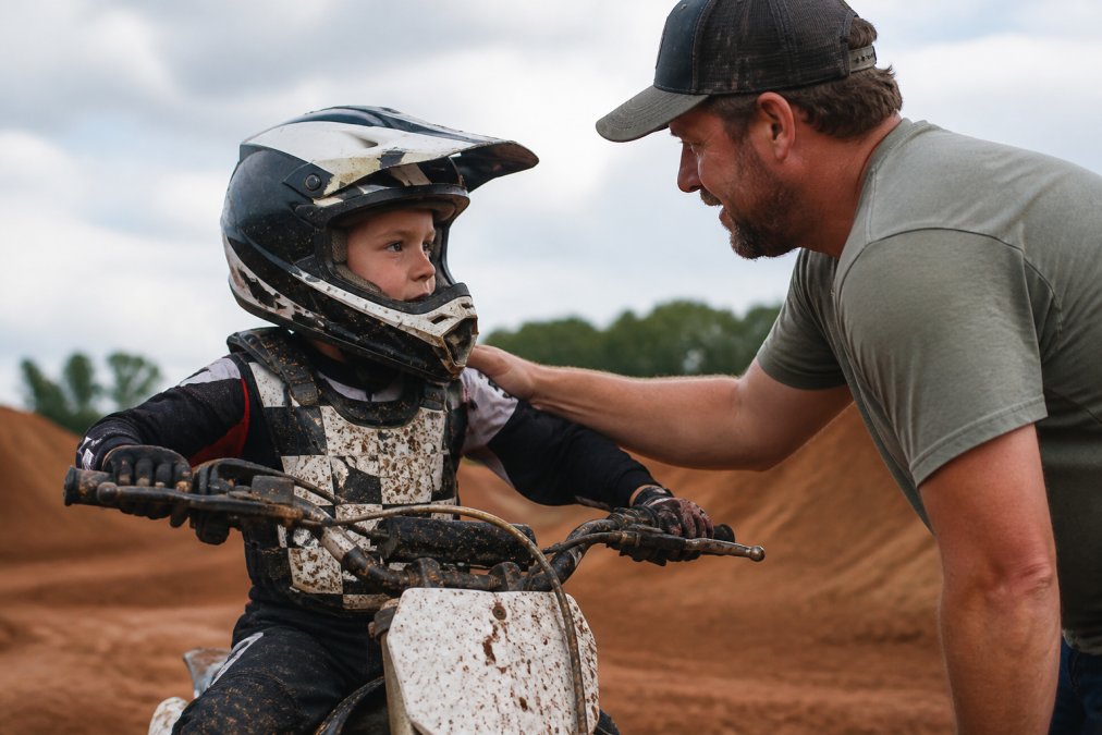 Young rider in full motocross gear sitting on dirt bike at track, focused expression, helmet secured, with parent standing nearby offering encouragement before race