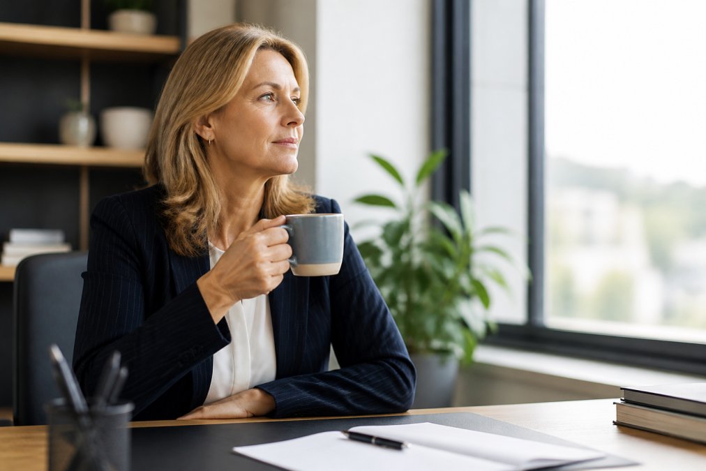 Female leader holding an inspirational mug at her desk with natural light streaming through the window, looking focused and determined