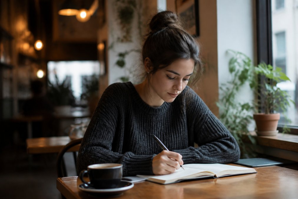 A thoughtful person sitting in a quiet café with a notebook, appearing calm and focused, natural lighting streaming through large windows