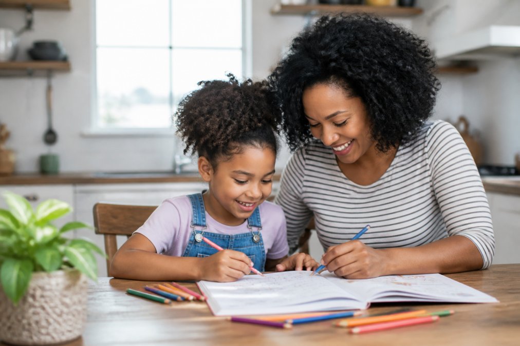 A parent and elementary-aged child sitting at a kitchen table, working on a colorful activity book together with crayons and pencils scattered around, both smiling