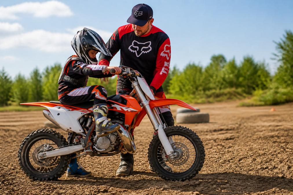 Young child in safety gear holding a motocross bike steady while an adult instructor guides them through mounting techniques on a dirt track