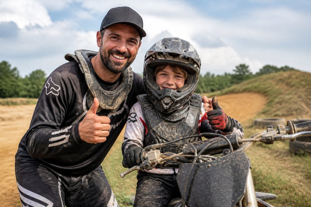 Parent and young rider celebrating a small achievement on a dirt bike, both smiling with thumbs up on a sunny day at a training facility