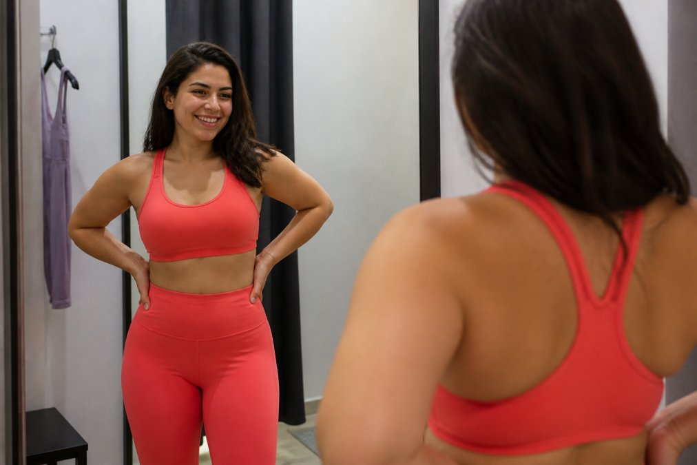 Woman confidently trying on bold-colored activewear in a bright fitting room, smiling at herself in the mirror
