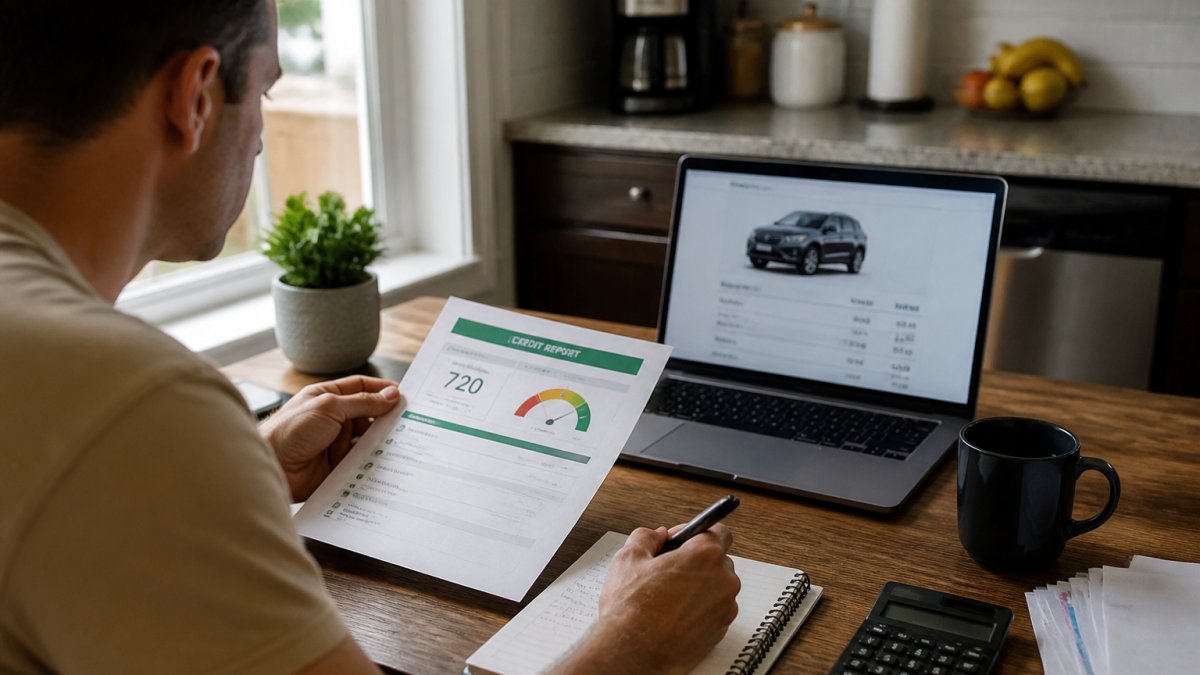 A person at a kitchen table reviewing a credit report printout and a laptop showing a car insurance quote, with a pen and notebook nearby, soft morning light through a window