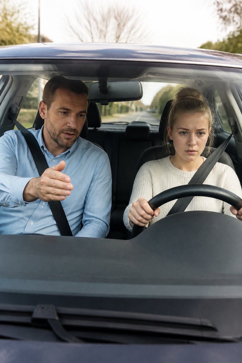 Driving instructor guiding a nervous student to help build driving confidence on a quiet suburban road.