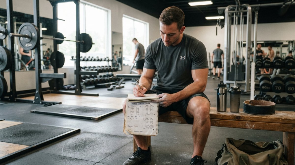 Person performing a barbell squat with proper form in a well-lit gym, demonstrating controlled descent and upright posture with heavy weight loaded on the bar