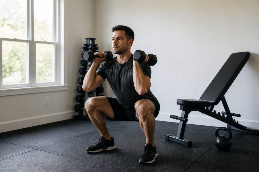 Person performing a dumbbell squat with controlled form in a home gym space, adjustable weight bench and kettlebell visible in the background, natural window lighting