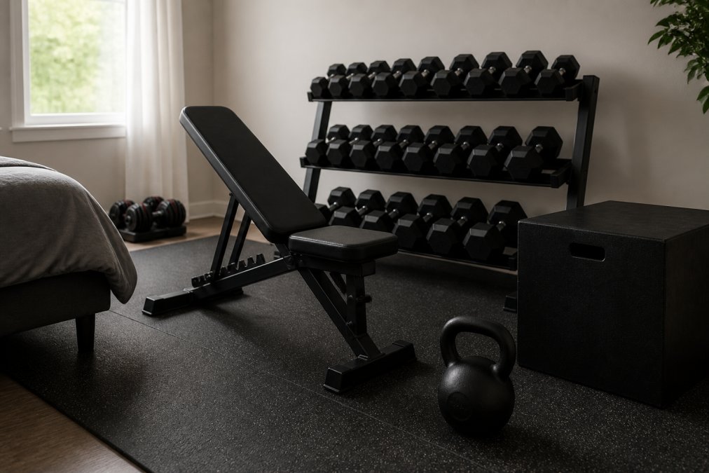 Organized home gym setup displaying dumbbells arranged by weight, a kettlebell, plyometric jump box, and adjustable weight bench in a compact bedroom space with natural lighting from a window