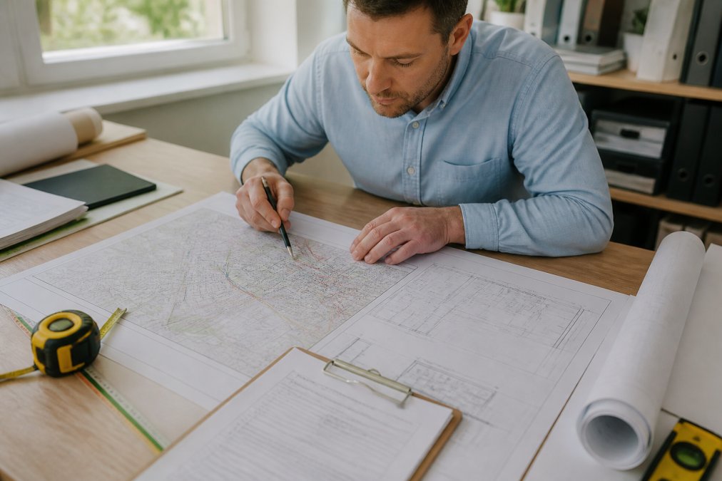 Professional surveyor examining site plans and sewer maps on a desk with measuring tools, clipboard, and technical drawings in natural daylight office setting