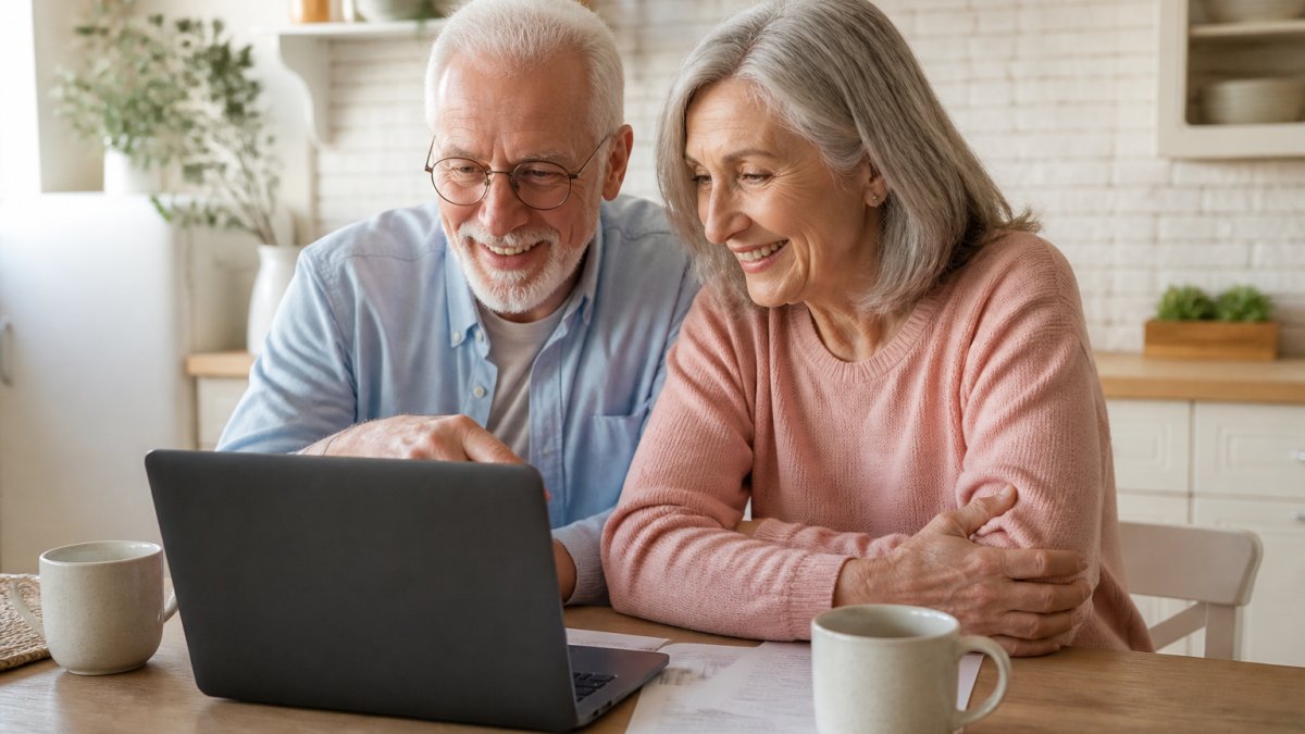 A retired couple in their 60s sitting at a kitchen table with a laptop, smiling as they review monthly earnings together in a bright home setting