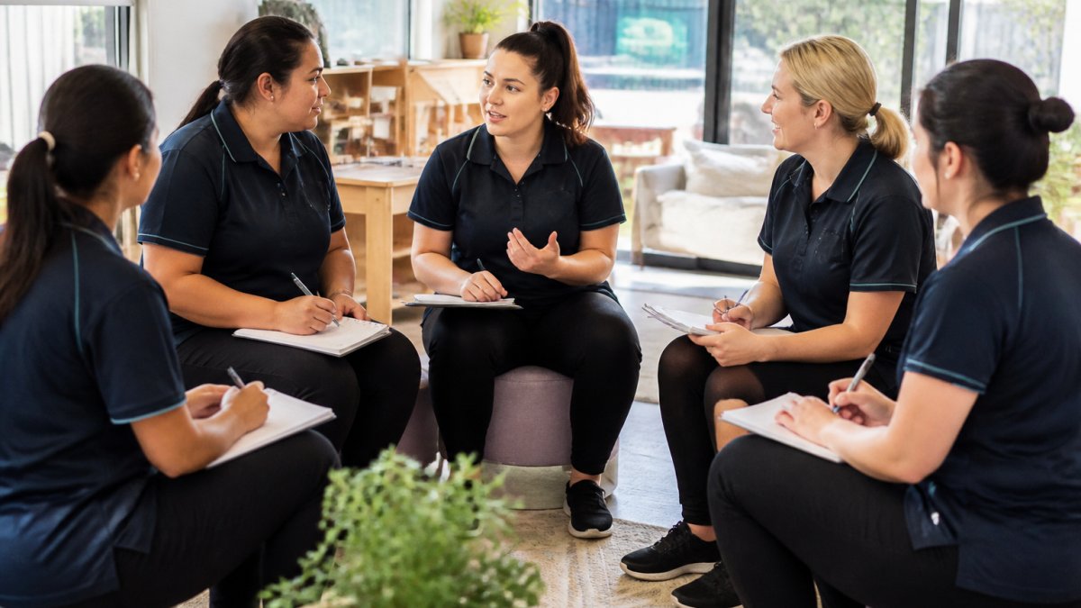 Early learning educators gathered in a team meeting circle, engaged in conversation with notepads and genuine expressions of listening and respect, natural lighting from windows