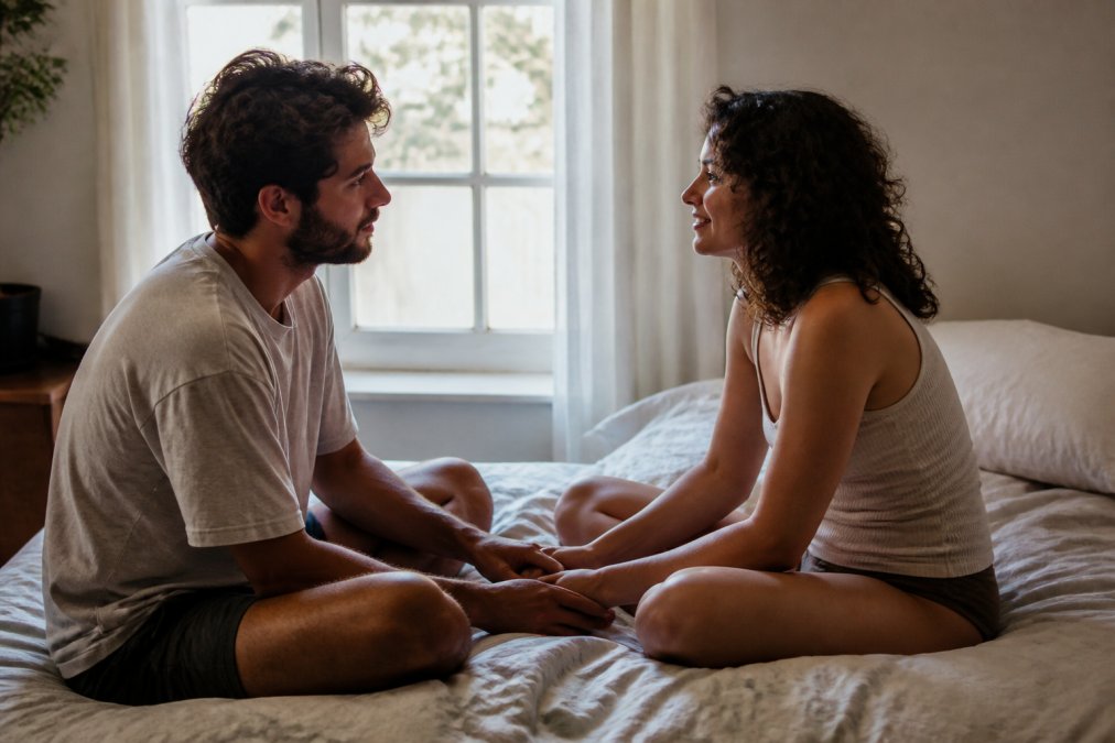 A couple sitting close together on a bed, making eye contact and holding hands, with soft natural light from a window, conveying emotional safety and intimate presence